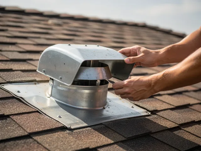 New Fairfield Dryer Vent Cleaning certified technician safely cleaning a roof-mounted dryer vent in New Fairfield