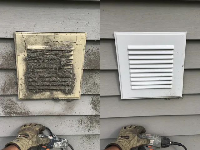 New Fairfield Dryer Vent Cleaning technician installing high-quality dryer vent cover at a residential property in New Fairfield