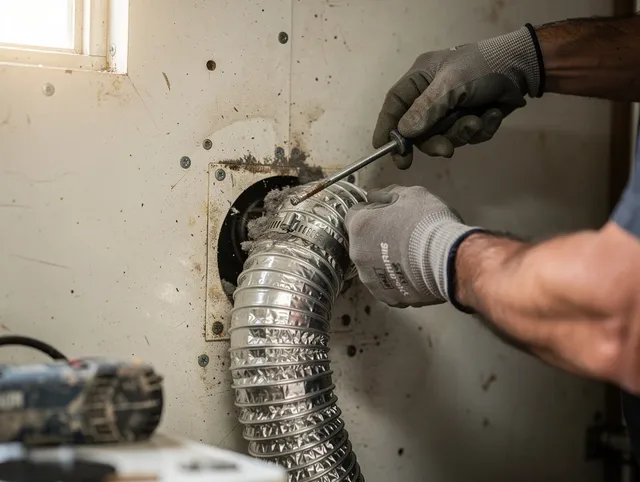 New Fairfield Dryer Vent Cleaning technician performing precise dryer vent hose installation in New Fairfield